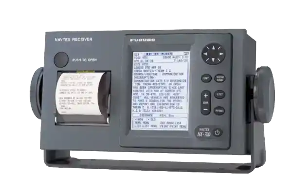 Ein NAVTEX-Receiver, der die empfangenen Nachrichten ausdruckt (links) und digital darstellt (rechts).