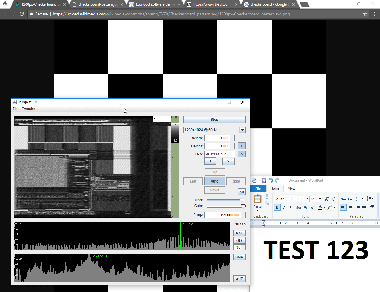 TempestSDR showing what's on the screen via unintentional RF radiation from the monitor.